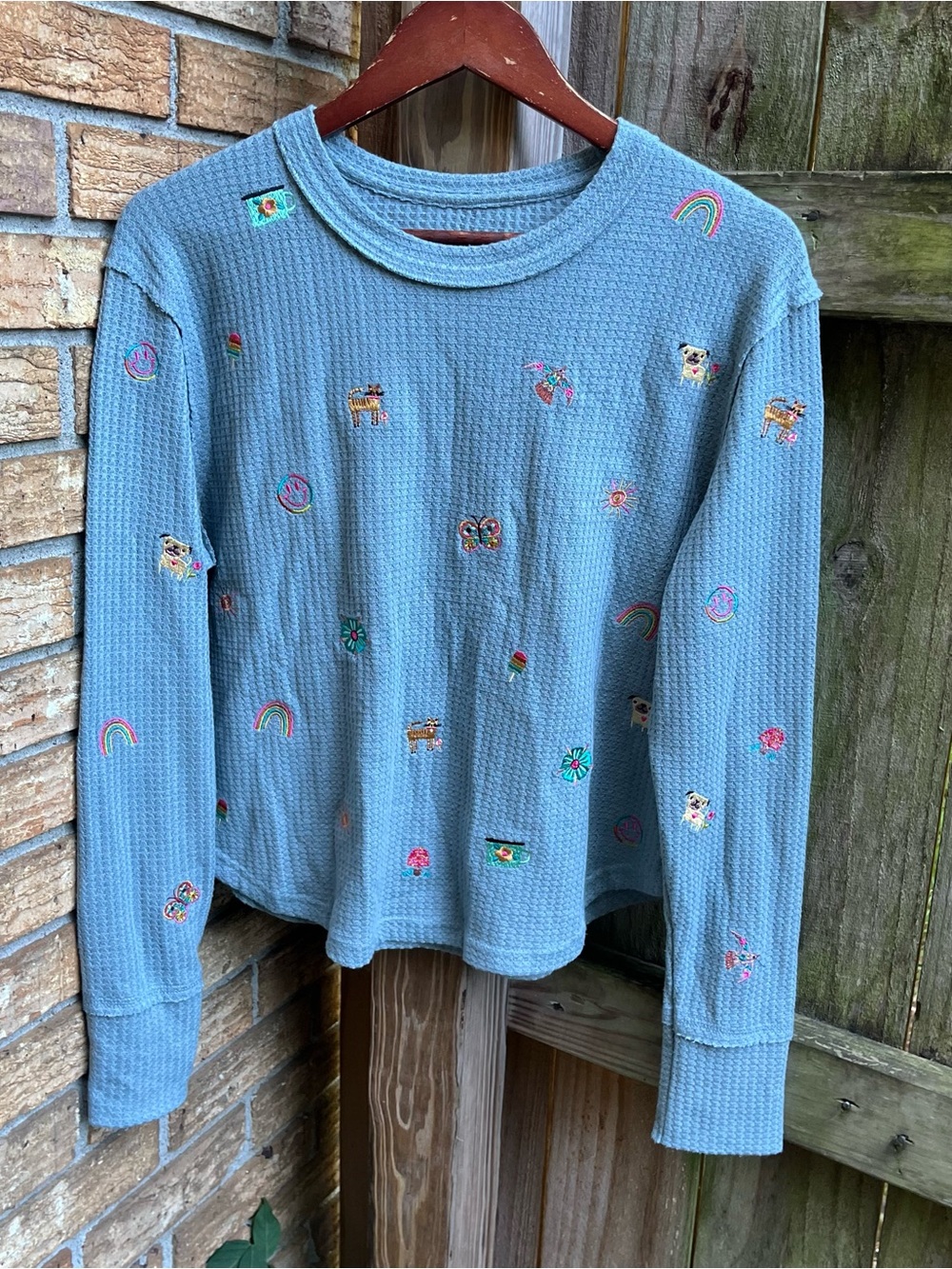 NATURAL LIFE Light Blue Embroidered Waffle-Knit Long Sleeve Top